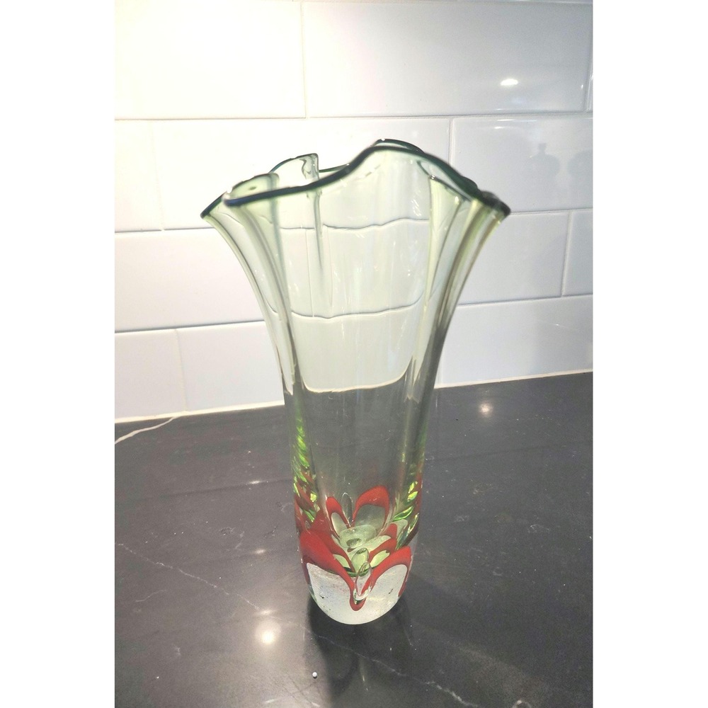 Vintage Hand Blown Art Glass Vase Green Red Flared Rim Thick Base 10 Inch